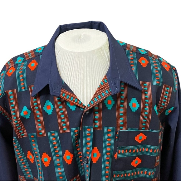 Royal Nakor Ghana Long Sleeve Button-Up Shirt L African Print Navy Red Turquoise - Picture 4 of 10
